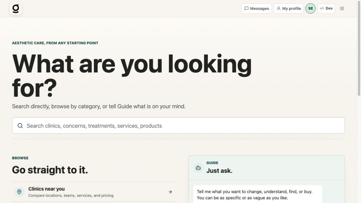 SPA home where people can search or ask for guidance